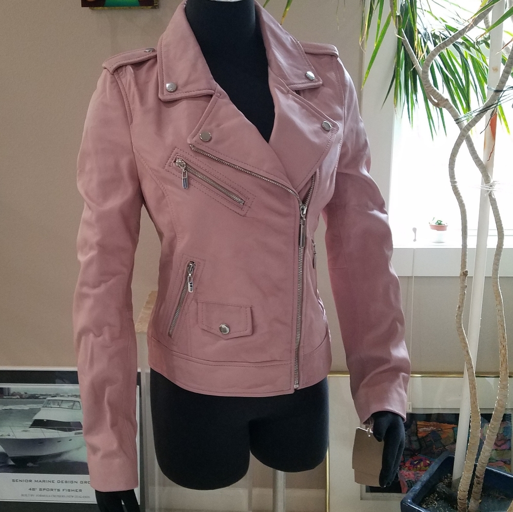 Wilsons Luxe Leather Moto Jacket Vintage Style Dusty Pink Silver Tone Hdwr S NWT - Picture 10 of 14